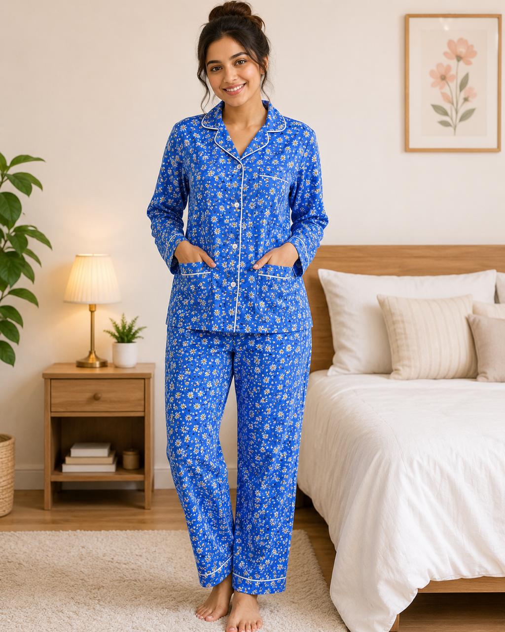 CLLING Women's Pure Cotton Full Sleeve Nightwear Set - Royal Blue Floral Pyjama Co-ord