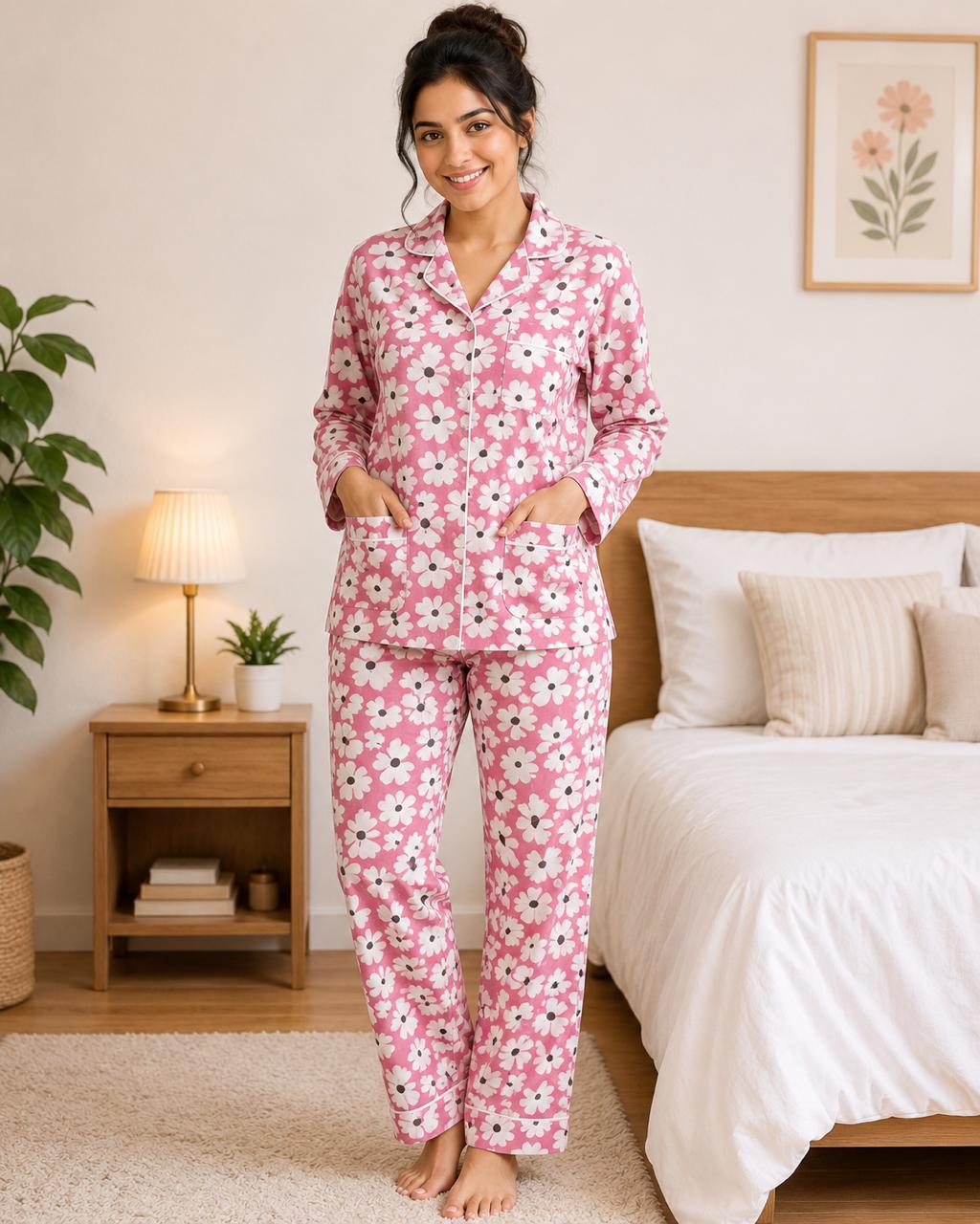 CLLING Women's Pure Cotton Full Sleeve Nightwear Set - Pink & White Floral Daisy Pyjama Co-ord
