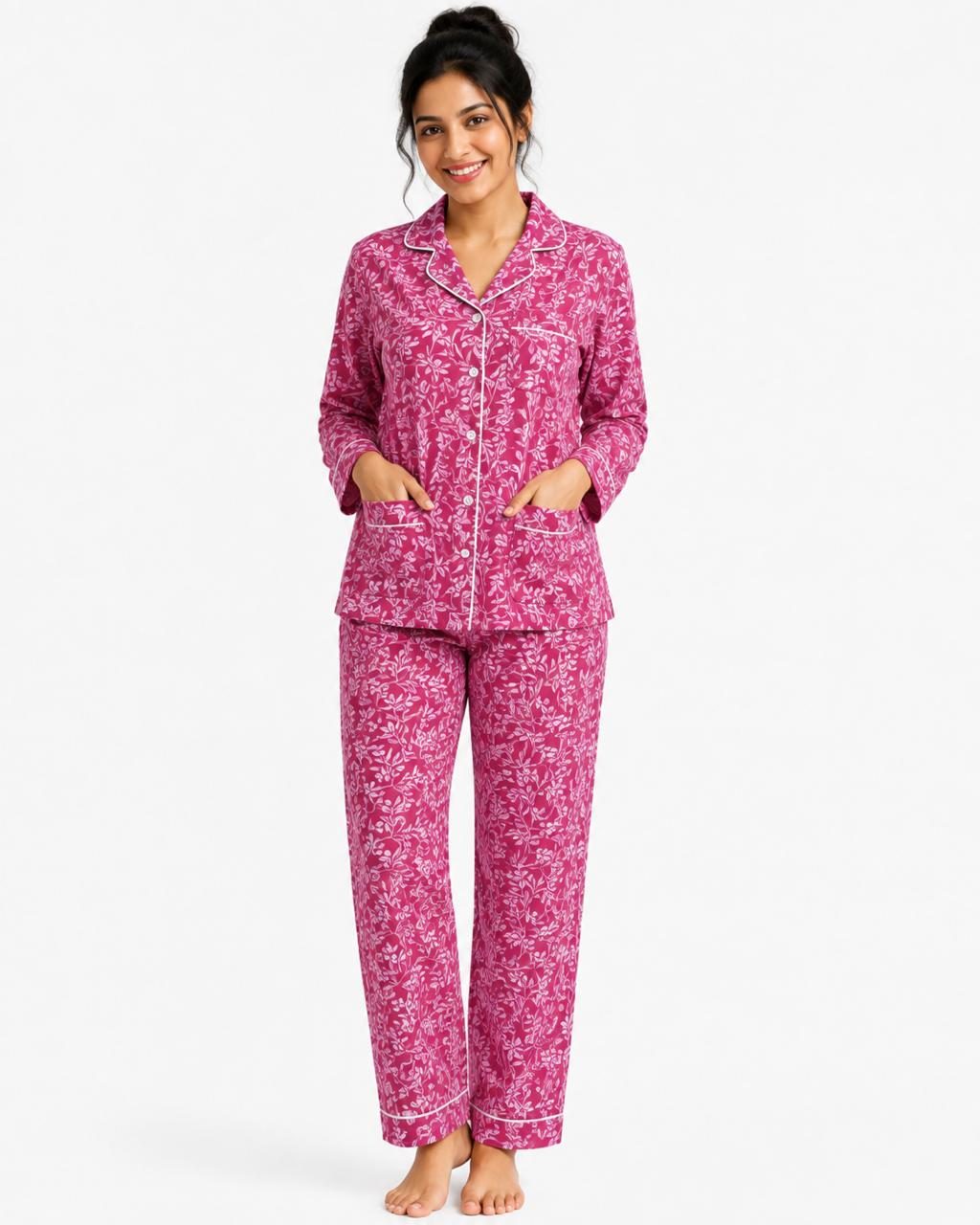 CLLING Women's Pure Cotton Full Sleeve Nightwear Set - Magenta Botanical Floral Pyjama Co-ord