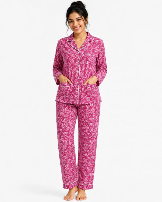 CLLING Women's Pure Cotton Full Sleeve Nightwear Set - Magenta Botanical Floral Pyjama Co-ord
