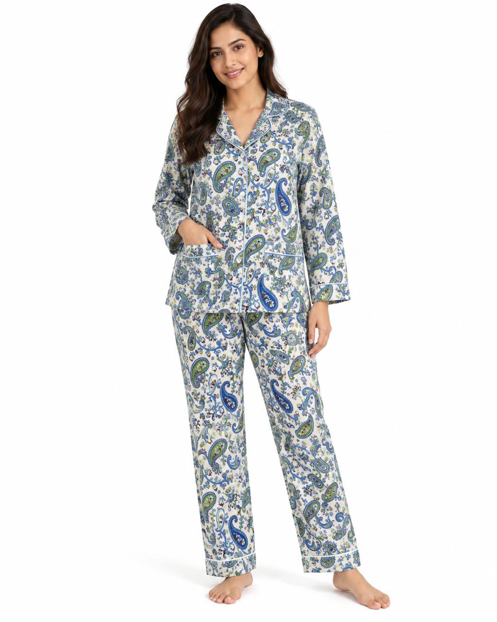 CLLING Women's Pure Cotton Full Sleeve Nightwear Set - Blue & Green Paisley Print Pyjama Co-ord