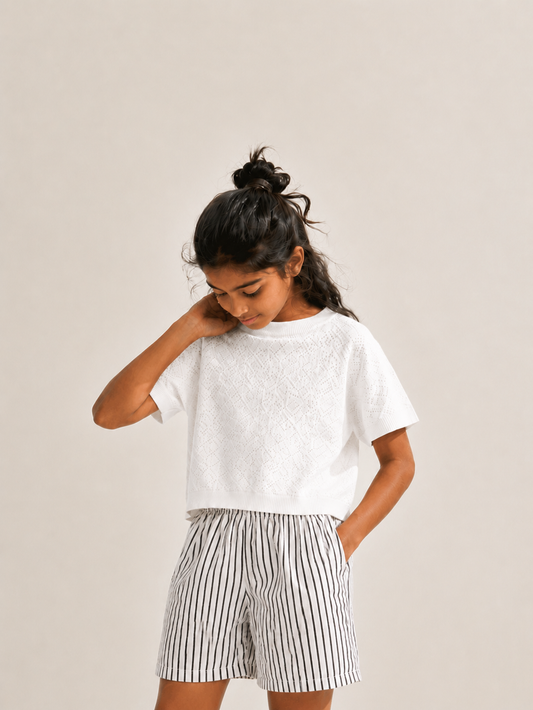 Kids Girl’s Black and White Printed Cotton Shorts