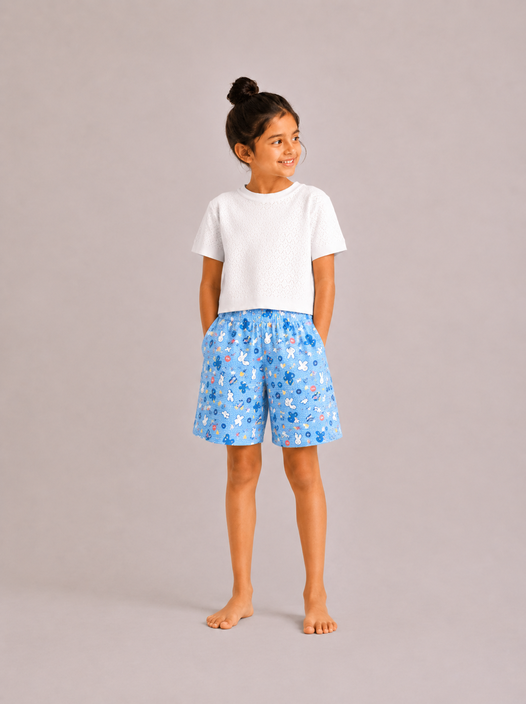 Kids Girl's Blue Printed Cotton Shorts
