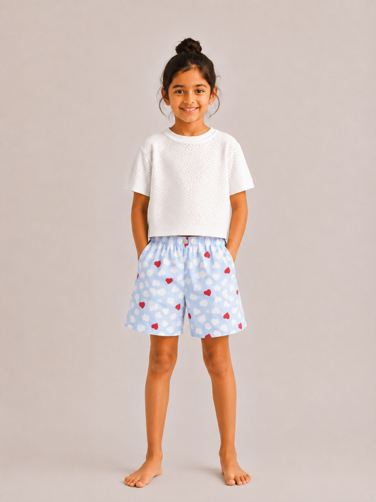 Kids Girl's Blue Printed Cotton Shorts