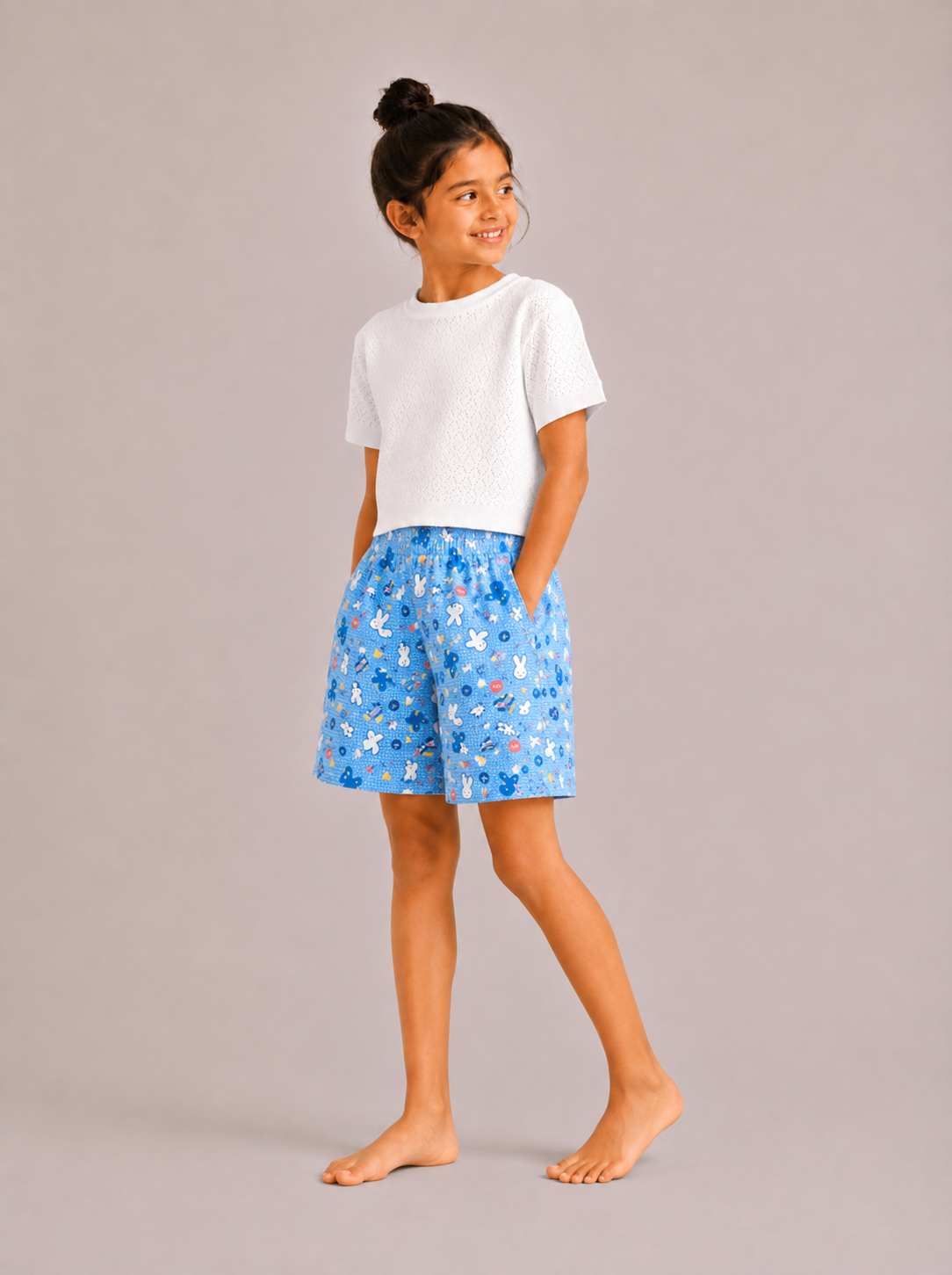Kids Girl's Blue Printed Cotton Shorts