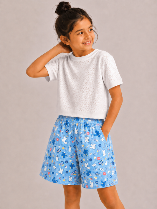 Kids Girl's Blue Printed Cotton Shorts