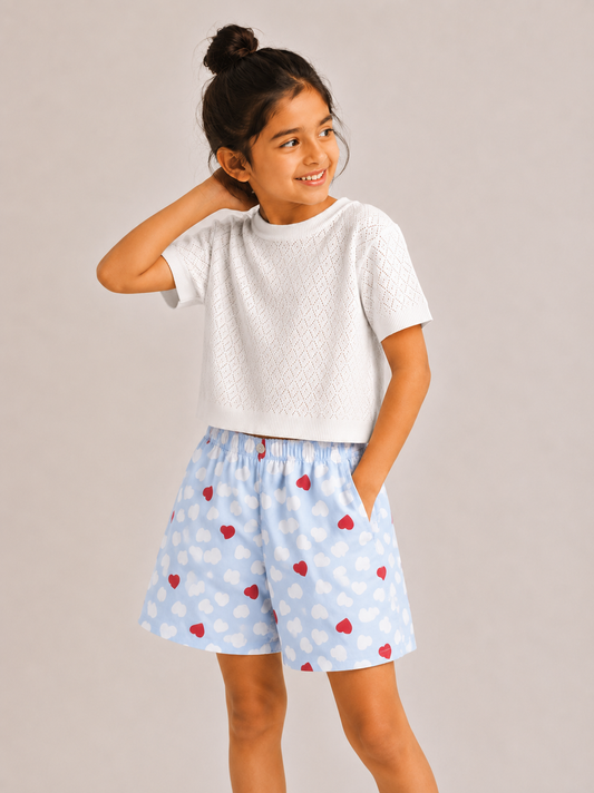 Kids Girl's Blue Printed Cotton Shorts