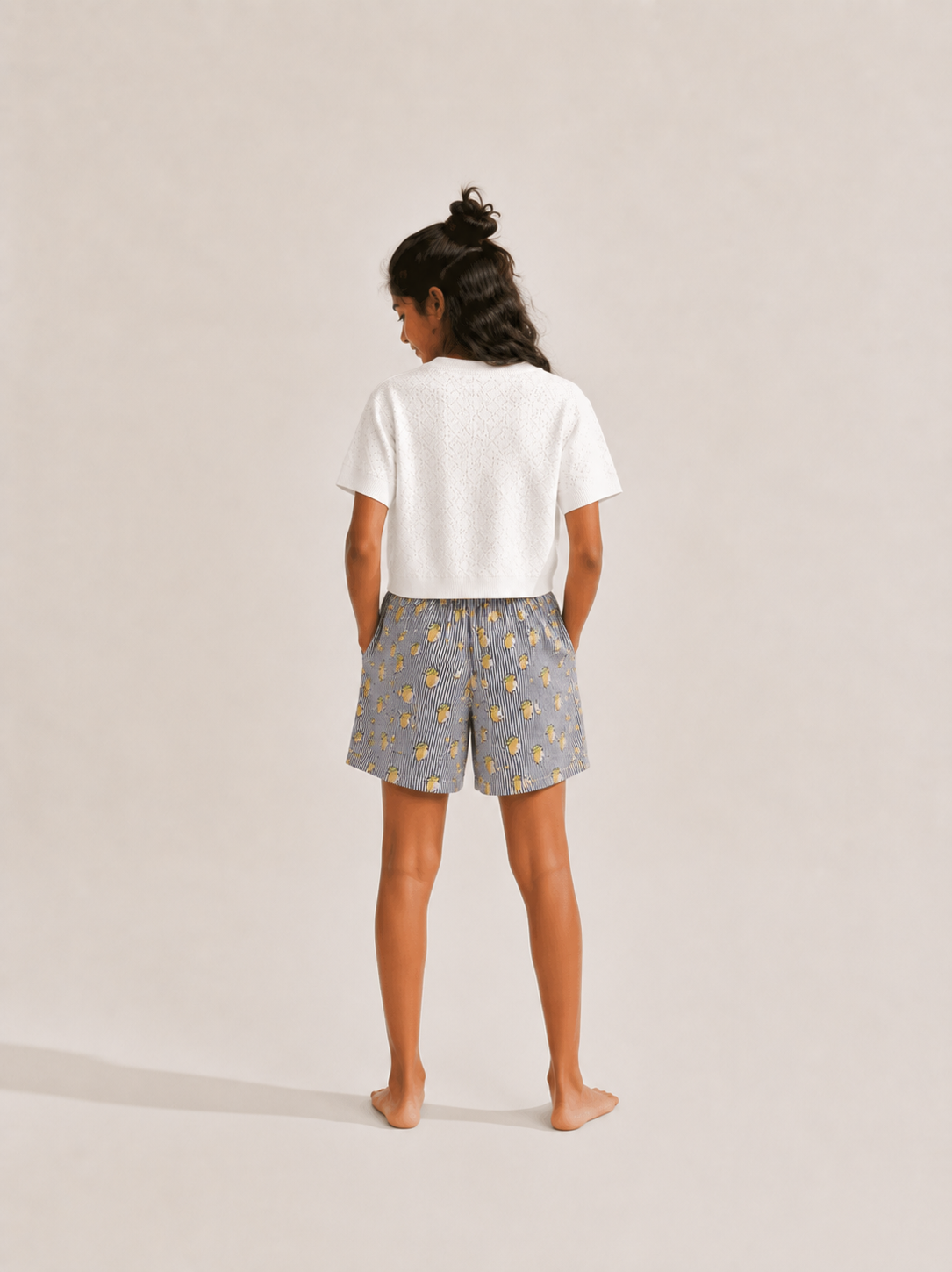 Kids Girl’s Lemon Stiped Printed Cotton Shorts