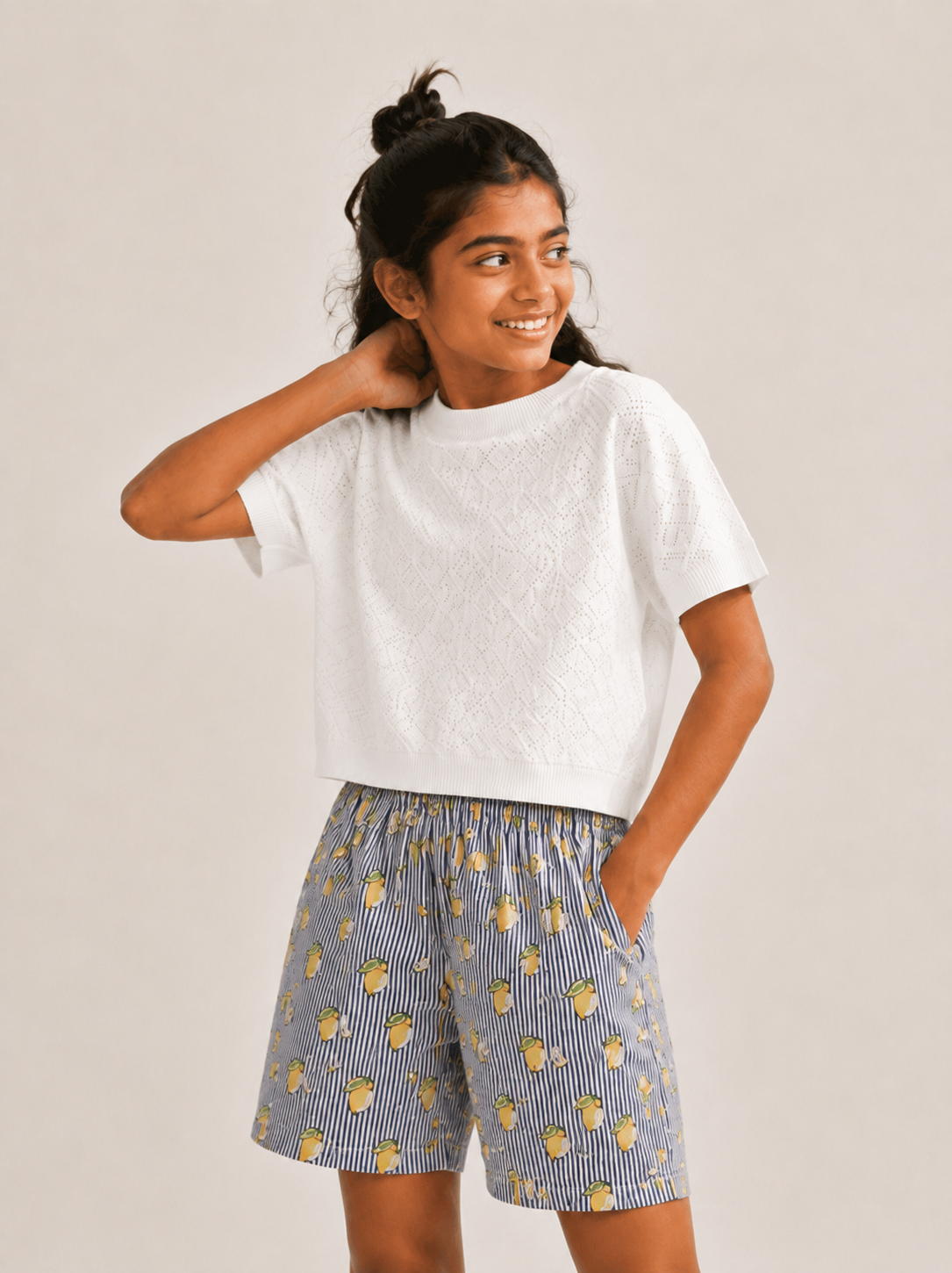 Kids Girl’s Lemon Stiped Printed Cotton Shorts
