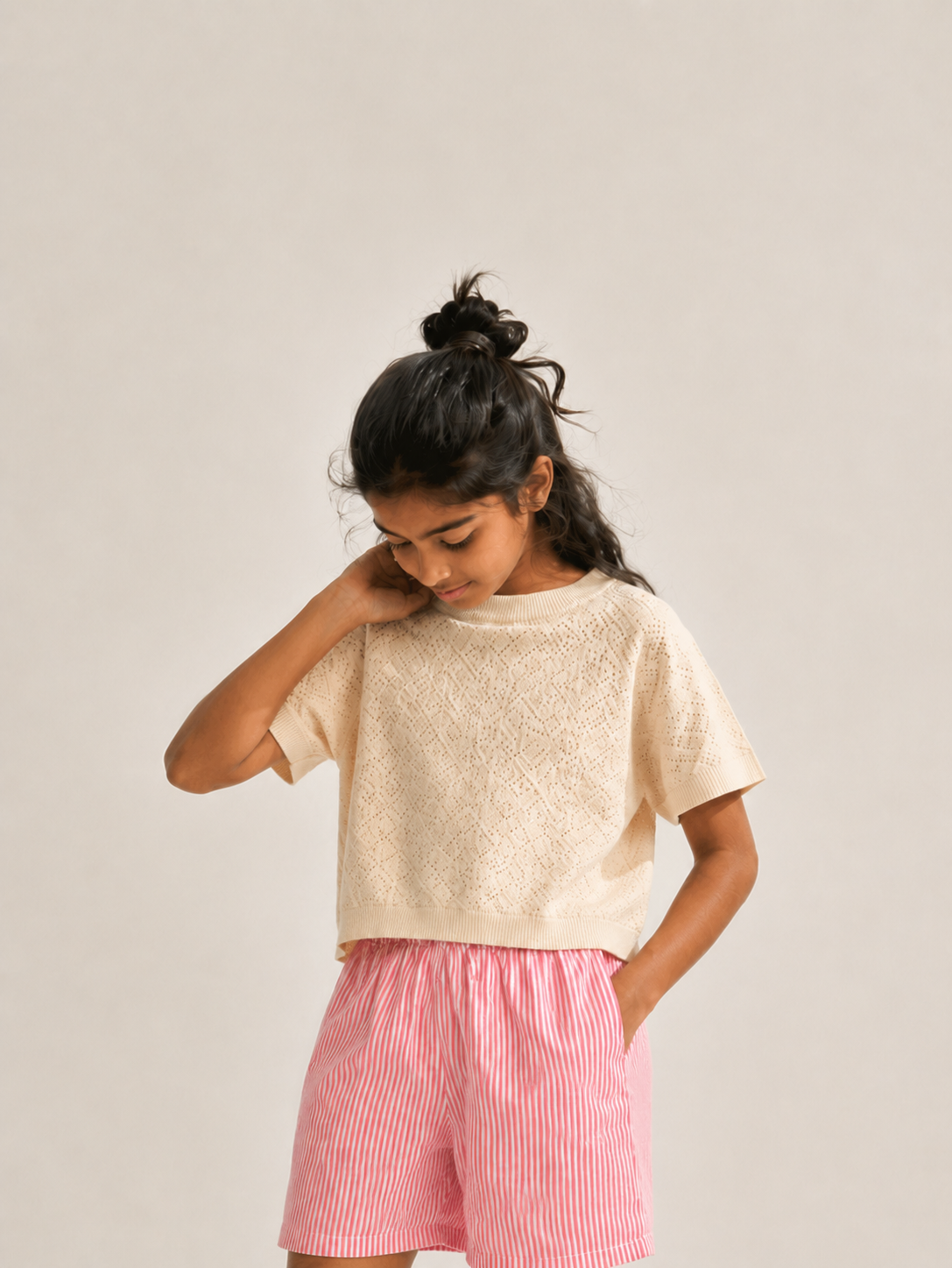 Kids Girl’s Pink and White Printed Cotton Shorts