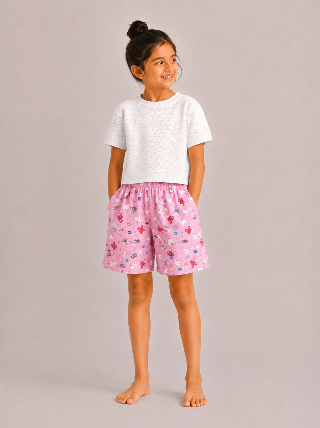 Kids Girl's Pink Printed Cotton Shorts