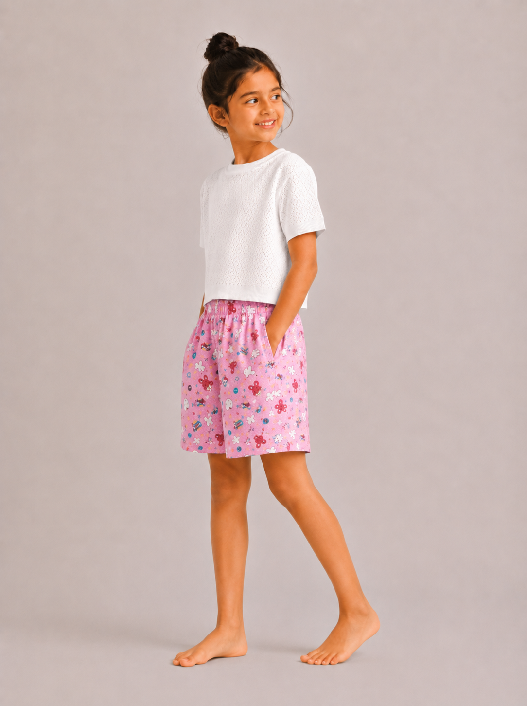 Kids Girl's Pink Printed Cotton Shorts