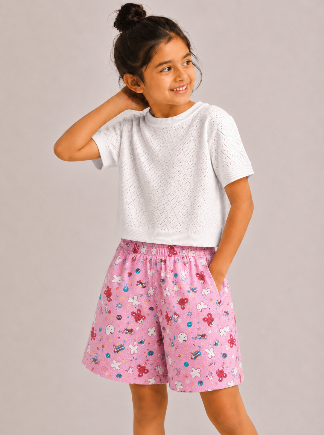 Kids Girl's Pink Printed Cotton Shorts