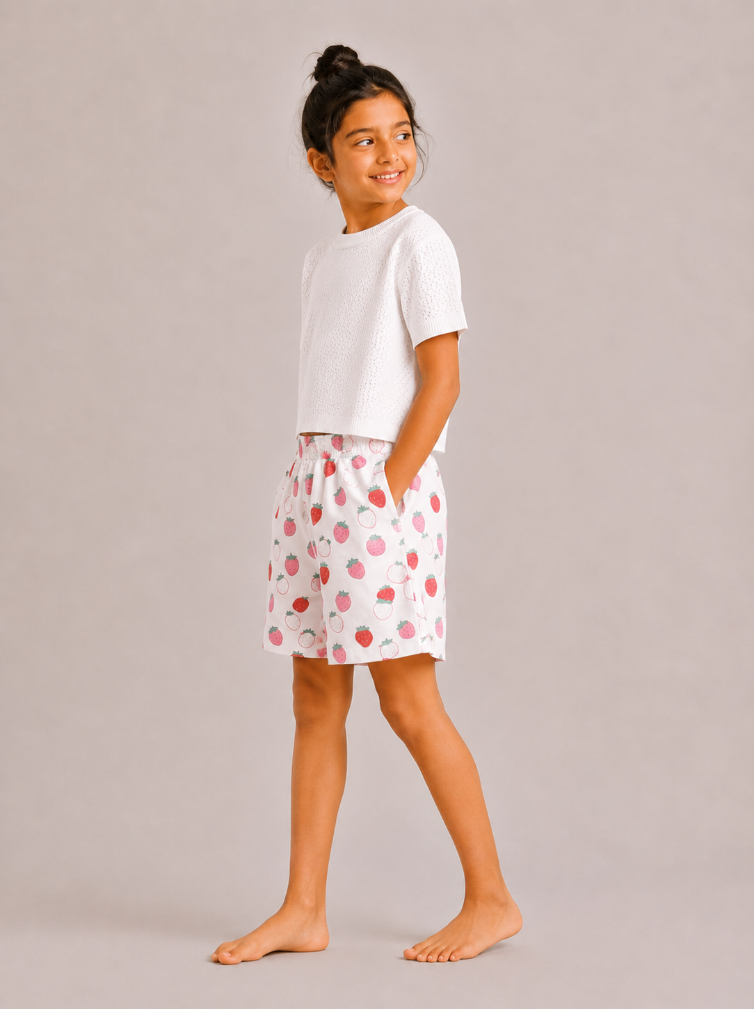 Kids Girl's White Printed Cotton Shorts