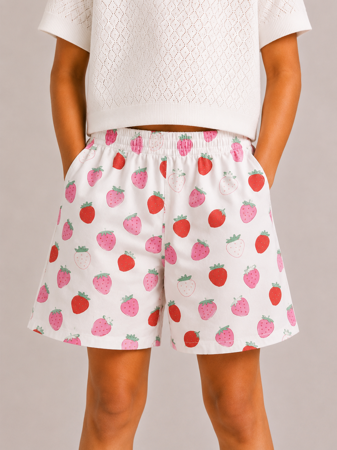 Kids Girl's White Printed Cotton Shorts