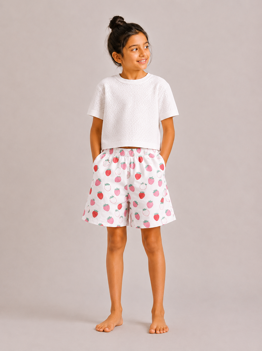 Kids Girl's White Printed Cotton Shorts