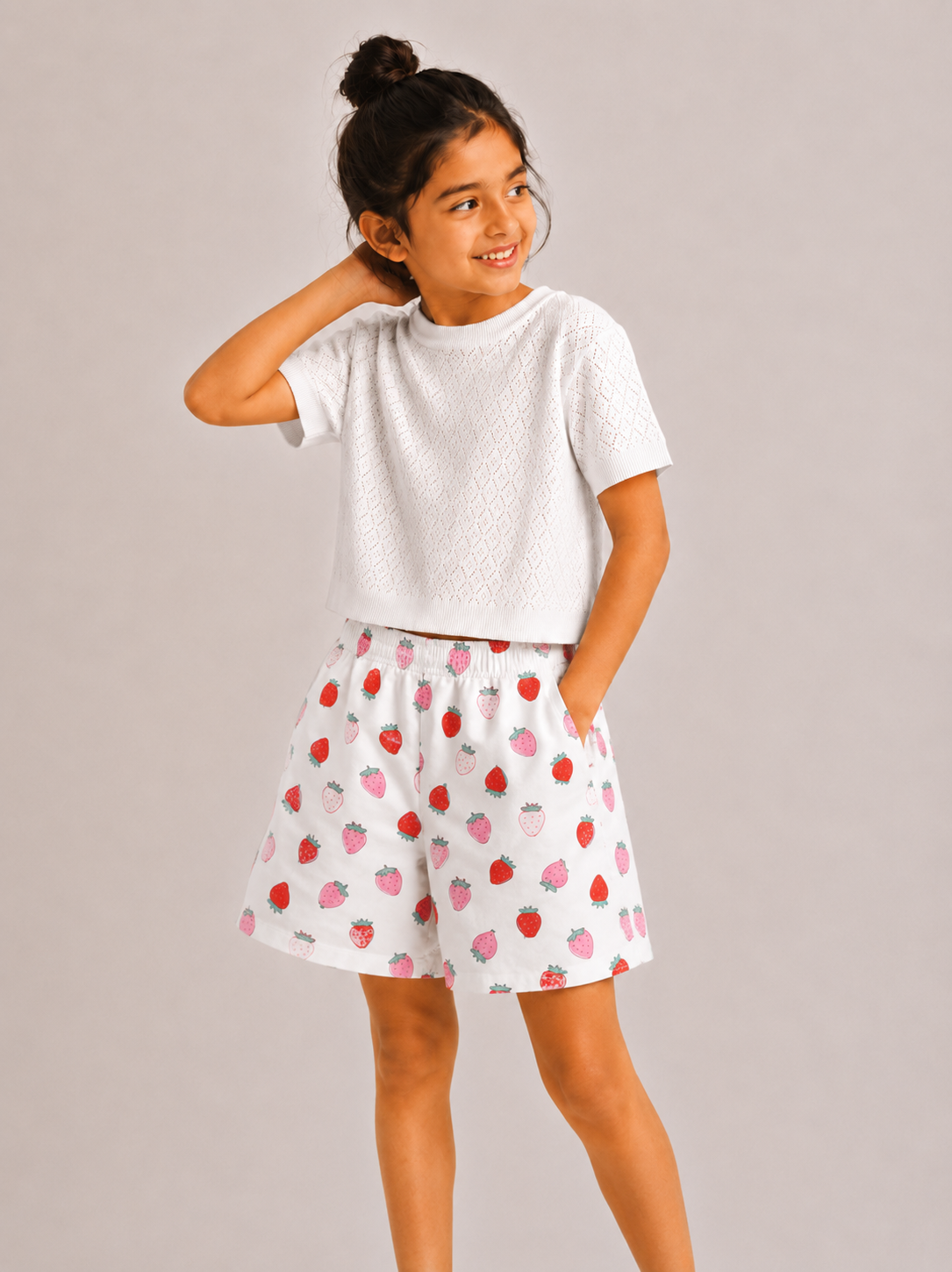 Kids Girl's White Printed Cotton Shorts