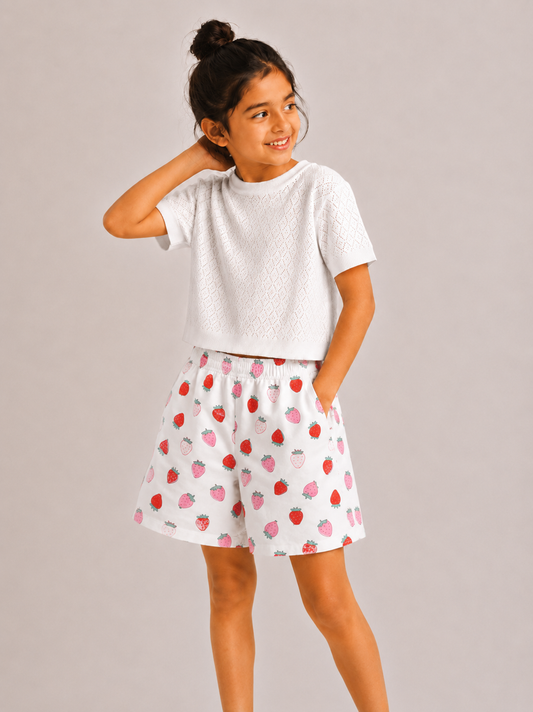 Kids Girl's White Printed Cotton Shorts