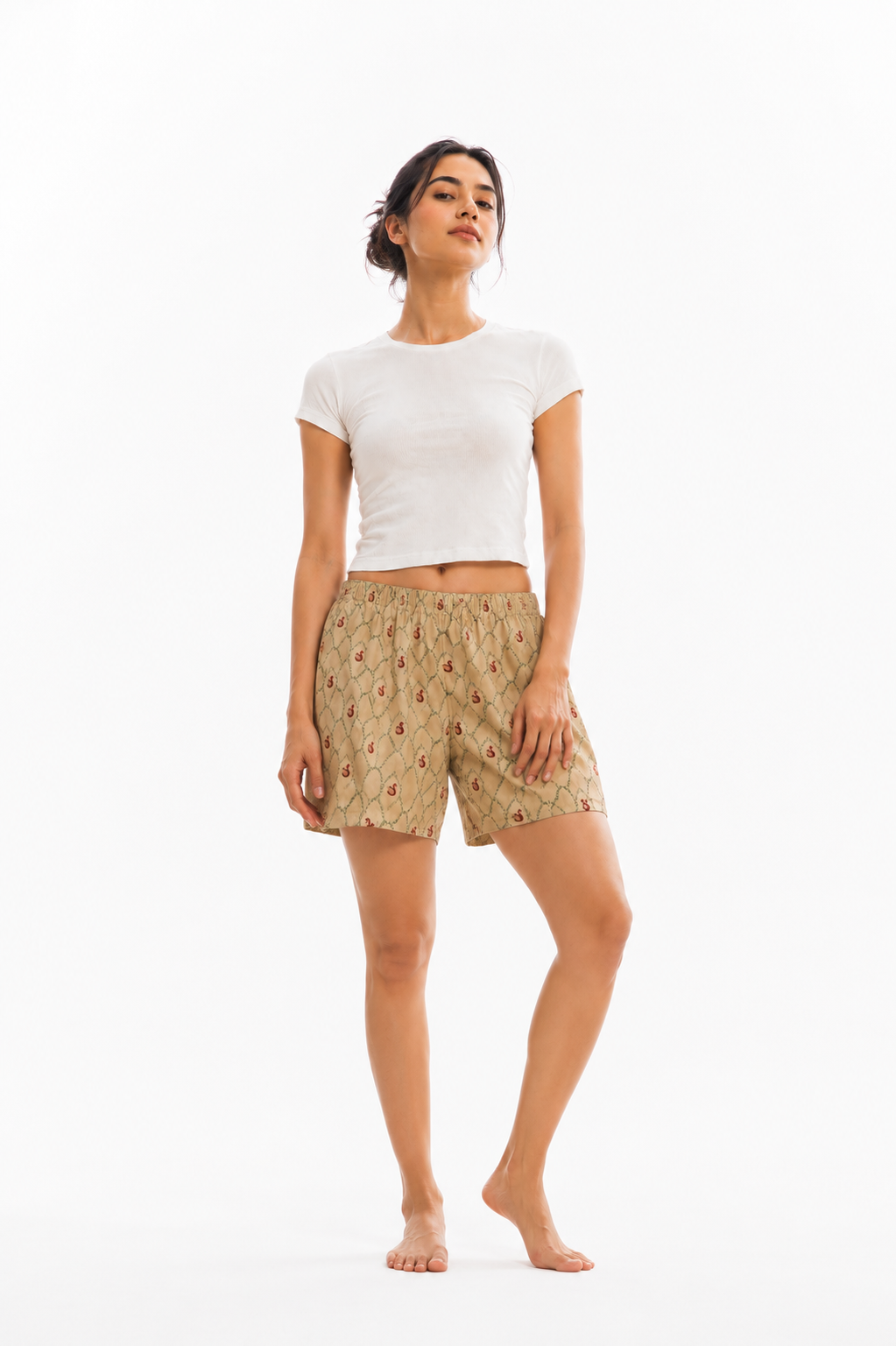 Women’s Cotton Beige Swan Jharokha Printed Boxer Shorts