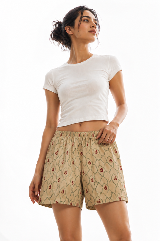 Women’s Cotton Beige Swan Jharokha Printed Boxer Shorts