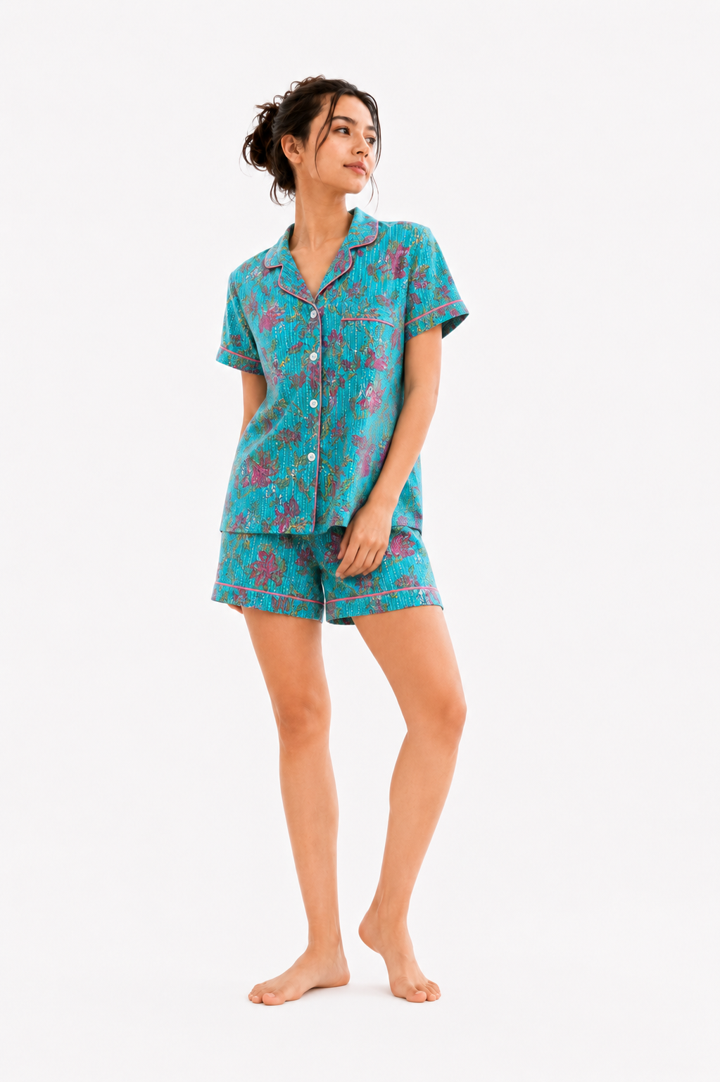 Women’s Cotton Blue Floral with Stitched Stipes Printed Co-ord Set