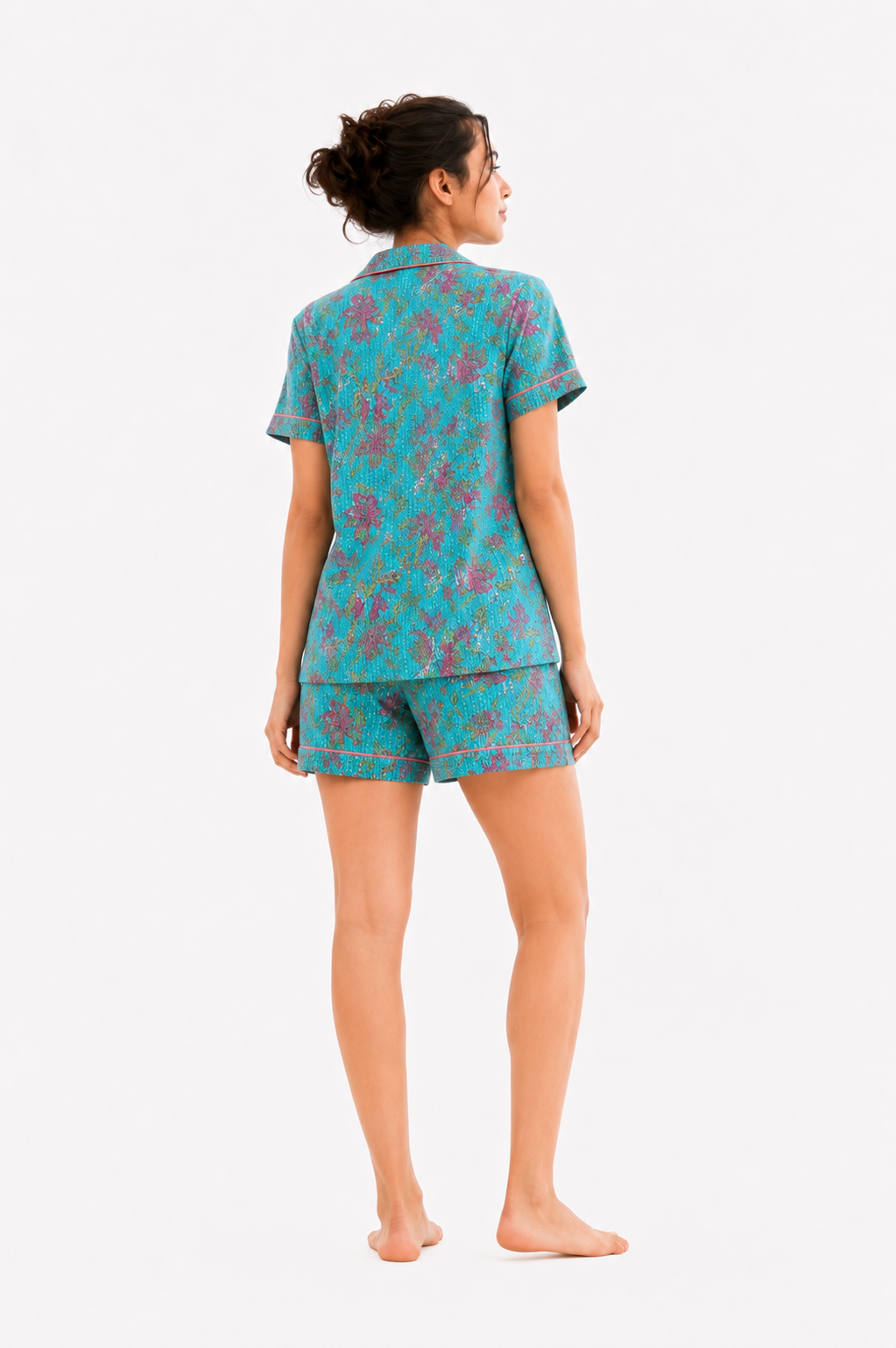 Women’s Cotton Blue Floral with Stitched Stipes Printed Co-ord Set