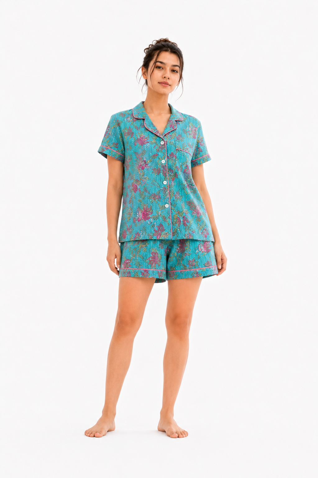 Women’s Cotton Blue Floral with Stitched Stipes Printed Co-ord Set