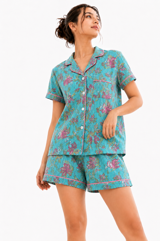 Women’s Cotton Blue Floral with Stitched Stipes Printed Co-ord Set