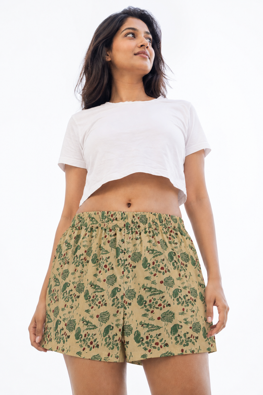 Women’s Cotton Green Floral Jaal Printed Boxer Shorts