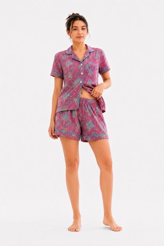 Women’s Cotton Pink Floral Printed with Stitched Stipes Co-ord Set