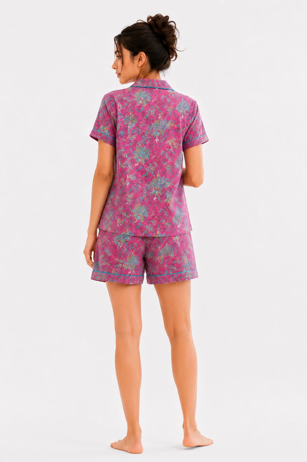 Women’s Cotton Pink Floral Printed with Stitched Stipes Co-ord Set