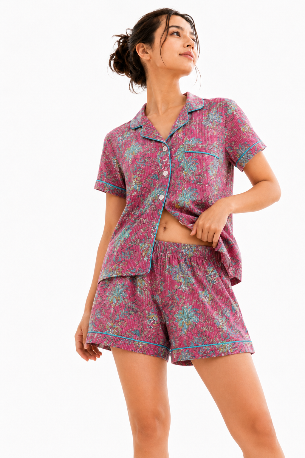 Women’s Cotton Pink Floral Printed with Stitched Stipes Co-ord Set